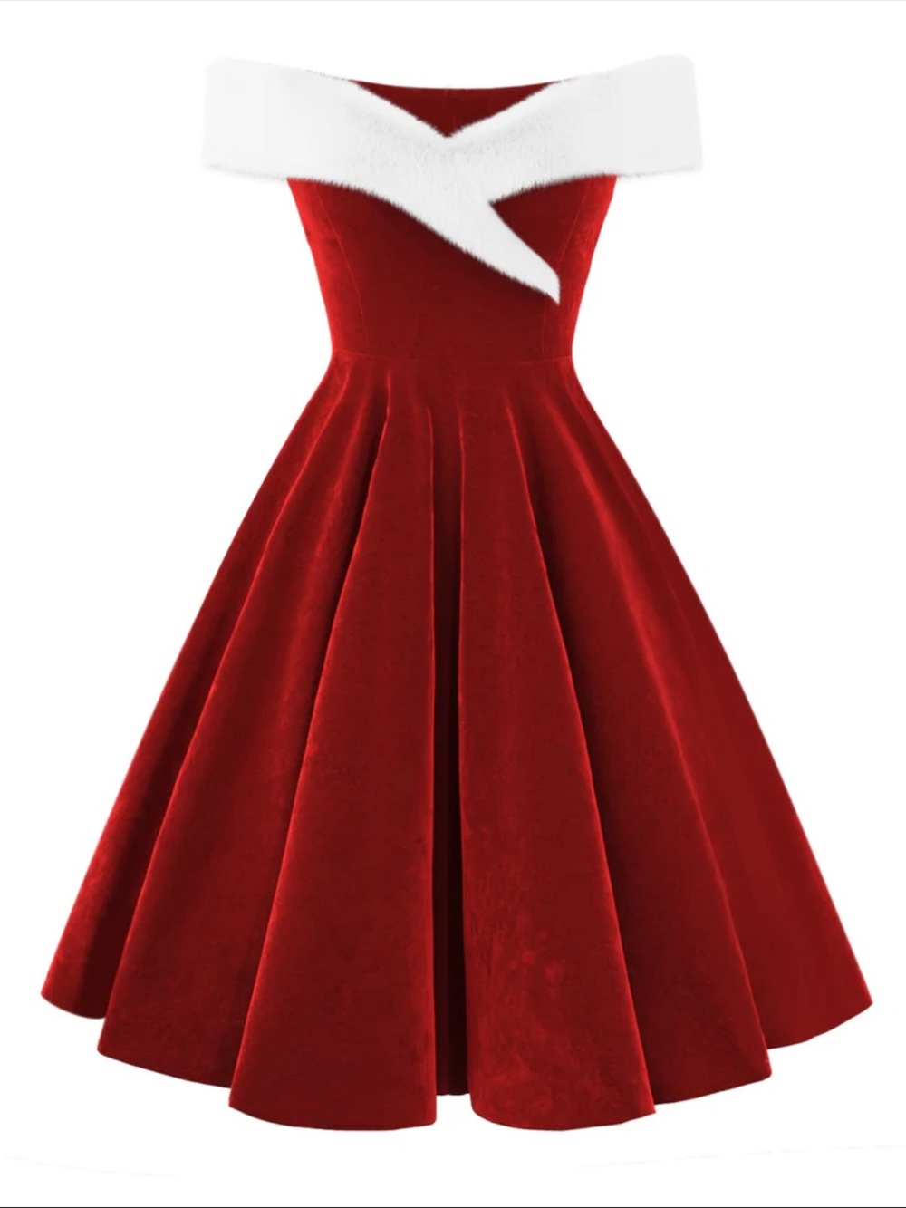 Retro Stage Off-Shoulder Velvet Holiday Red Dress with White Trim